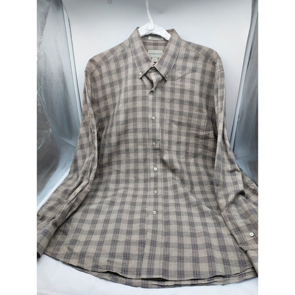 Cutter & Buck Mens Large Tan Brown Plaid Long Sleeve Cotton Button Down Shirt - Picture 5 of 6